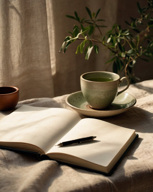 Taza de té sobre mantel de lino con un libro cerca, luz de vela suave y luz natural de domingo por la mañana. Escena íntima y minimalista.