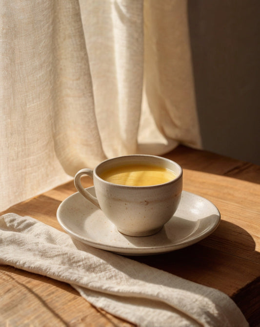 Taza de leche dorada sobre una mesa de madera, con servilleta de lino y luz de la mañana entrando suavemente. Estética mínima y cálida.