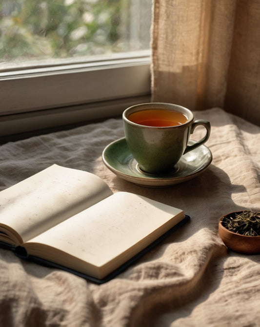 Taza de té sobre bandeja de madera junto a una vela encendida. Fondo con manta suave y luz de tarde. Escena íntima y minimalista.