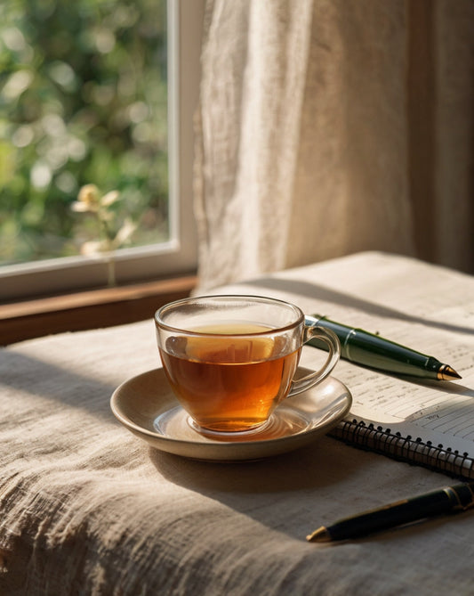Taza de infusión sobre lino claro, con libreta y bolígrafo al lado, iluminada por la luz suave de la tarde. Estilo minimalista y acogedor.