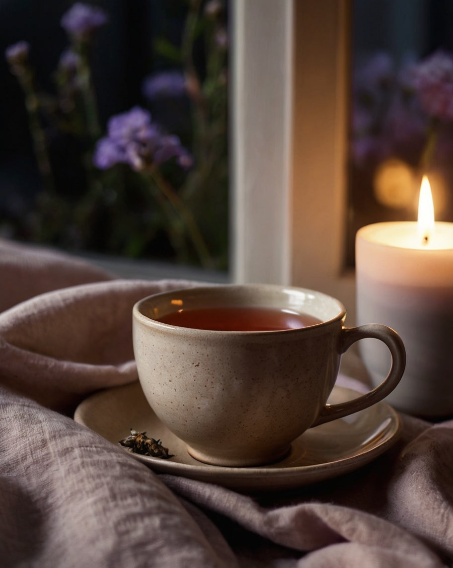 Taza de infusión caliente sobre un paño de lino claro, iluminada suavemente por la luz de una vela. Flores de lavanda decoran la escena, con una ventana oscura al fondo. Ambiente nocturno, cálido y sereno.