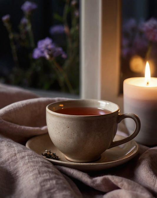 Taza de infusión caliente sobre un paño de lino claro, iluminada suavemente por la luz de una vela. Flores de lavanda decoran la escena, con una ventana oscura al fondo. Ambiente nocturno, cálido y sereno.