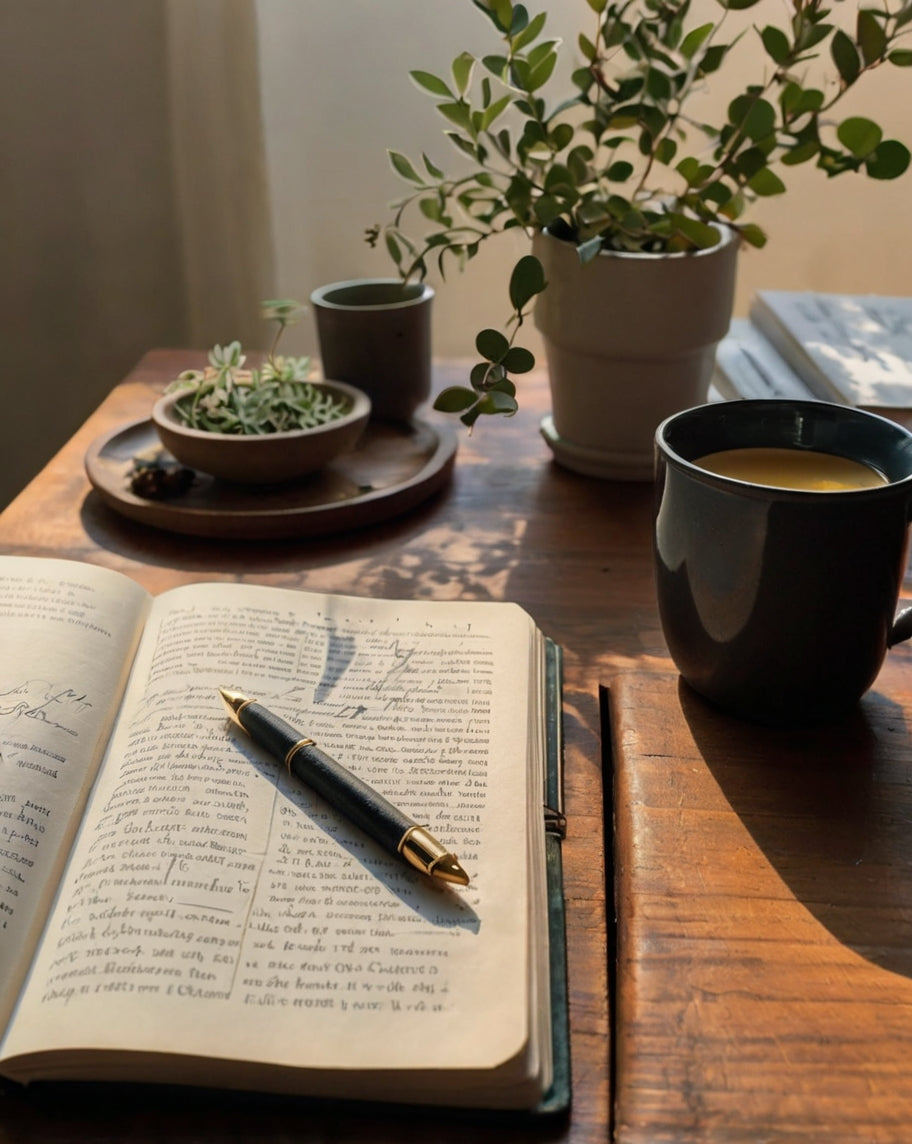 Taza de té y cuaderno abierto junto a una planta en una tarde tranquila