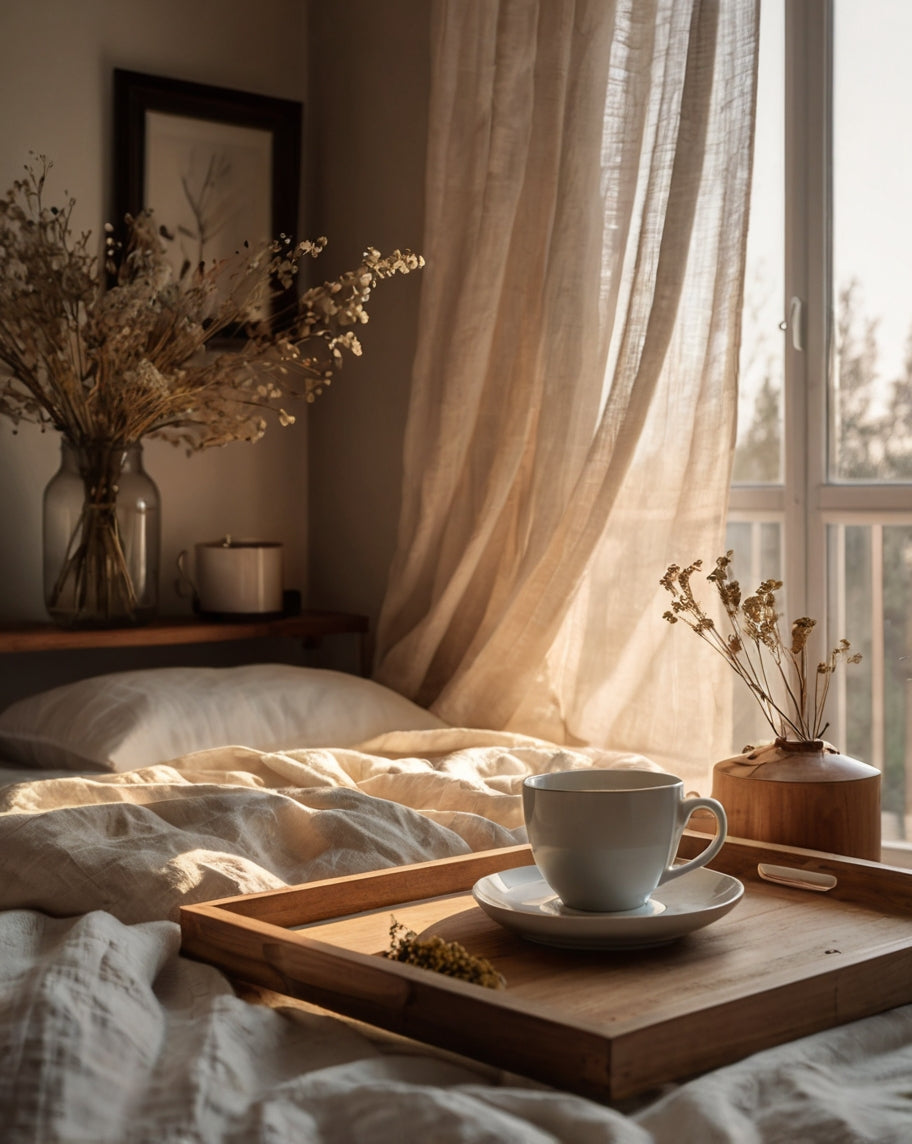 Desayuno íntimo en la cama al amanecer con luz dorada y cortinas suaves