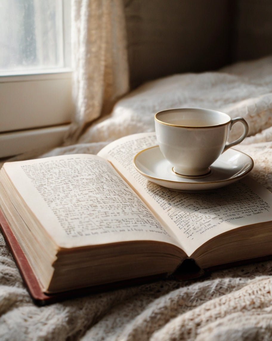 Taza de infusión sobre libro abierto junto a ventana con luz suave de domingo