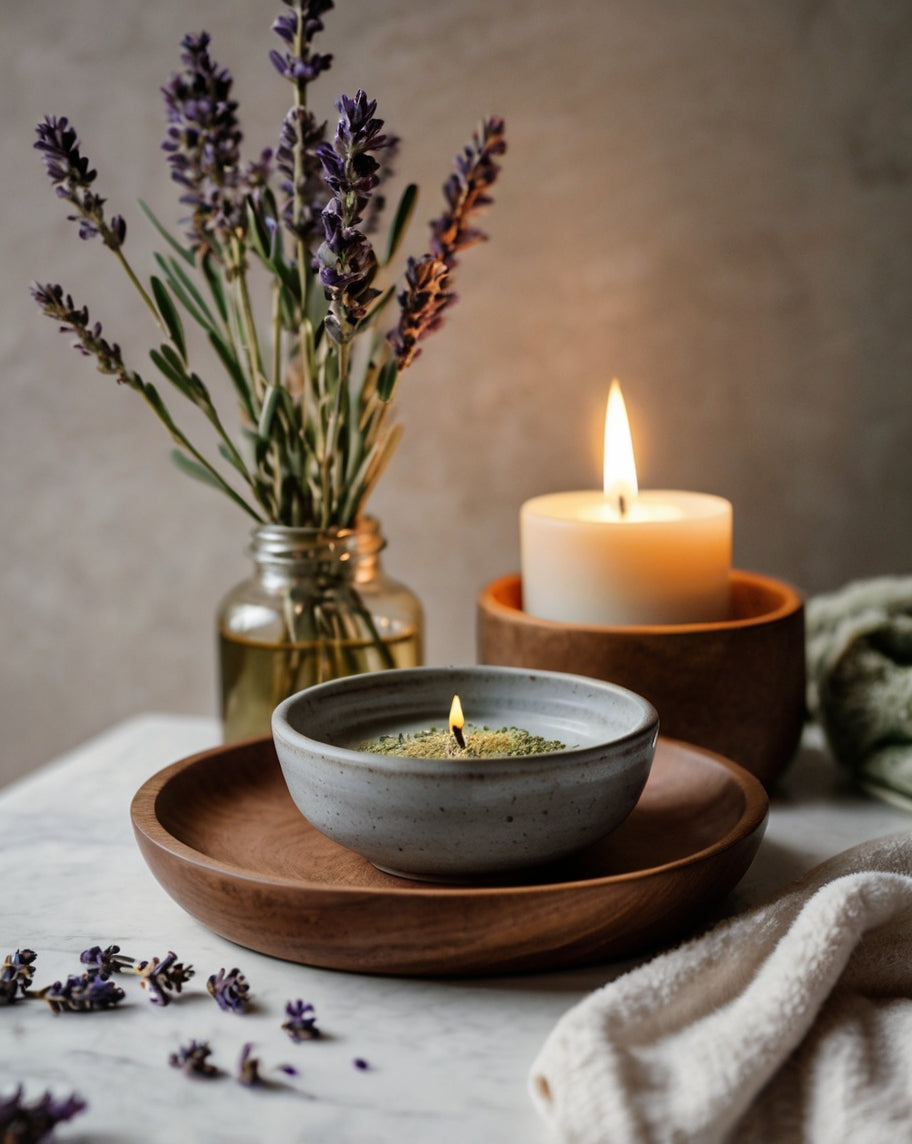 Vela encendida, lavanda seca y cuenco sensorial sobre tela natural