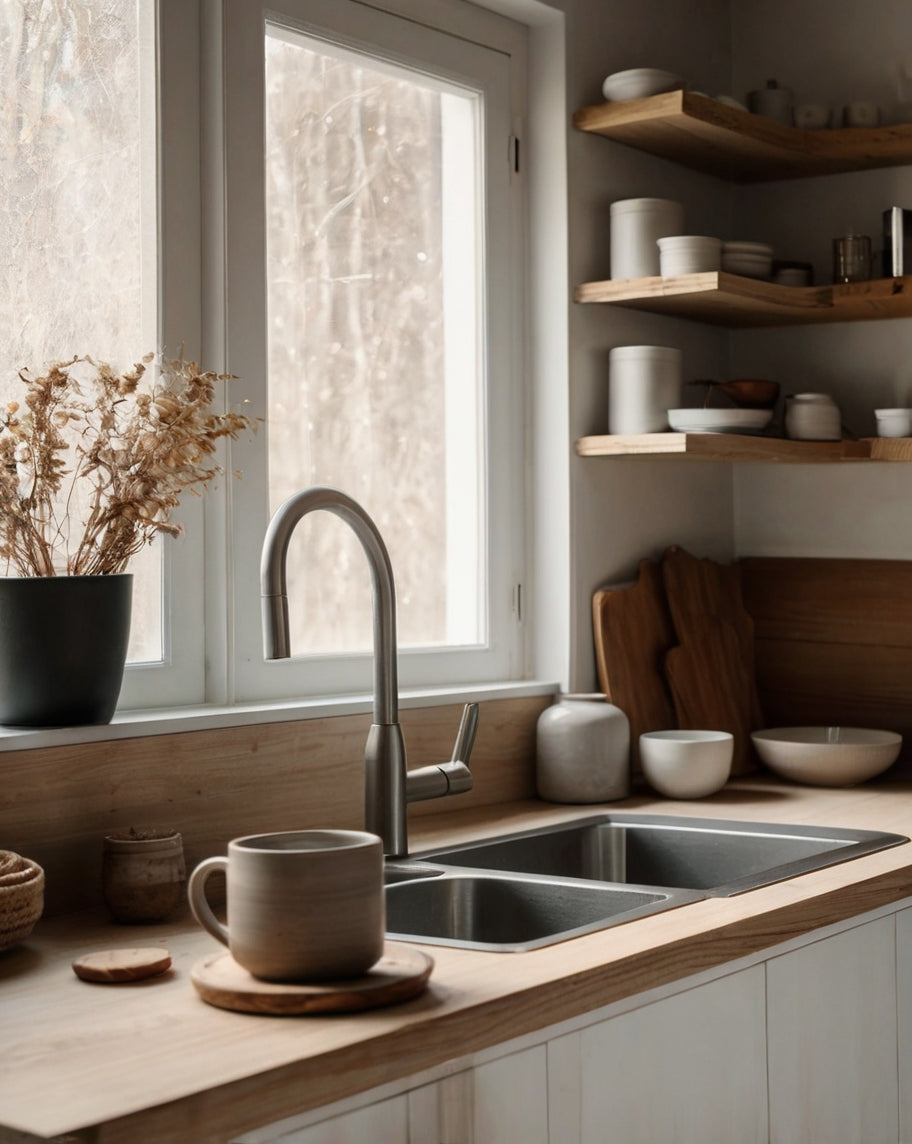 Taza de cerámica sobre encimera de cocina minimalista, con luz suave entrando por la ventana. Escena cotidiana de calma y presencia.
