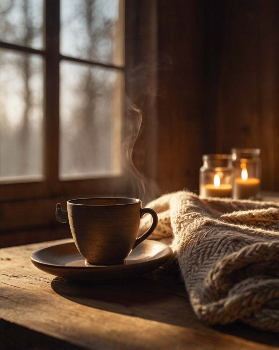 Taza humeante sobre mesa de madera con manta tejida y velas encendidas al fondo, junto a una ventana. Escena cálida de recogimiento y calma invernal.
